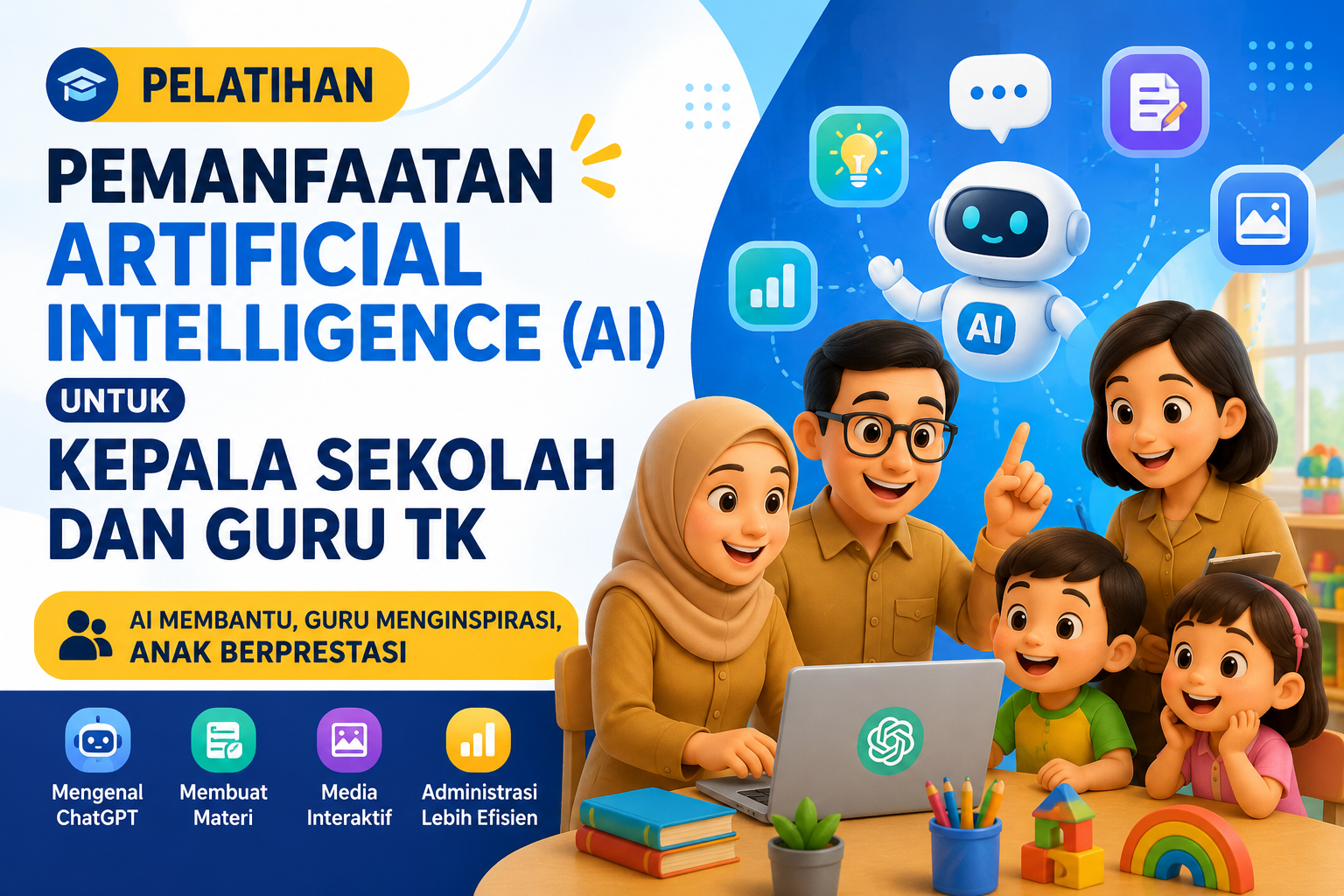 Pelatihan Pemanfaatan Artificial Intelligence (AI) untuk Kepala Sekolah dan Guru TK ( Optimalisasi AI untuk Administrasi, Pembelajaran Kreatif, Media Digital, dan Branding Sekolah )